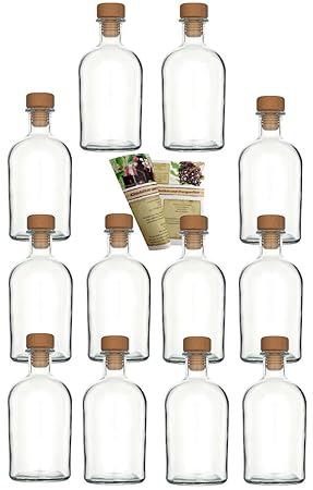 gouveo 12er Set Leere Glasflaschen Apotheker 250 ml incl. Holzgriffkorken zum selbst Abfüllen Likörflasche Schnapsflasche