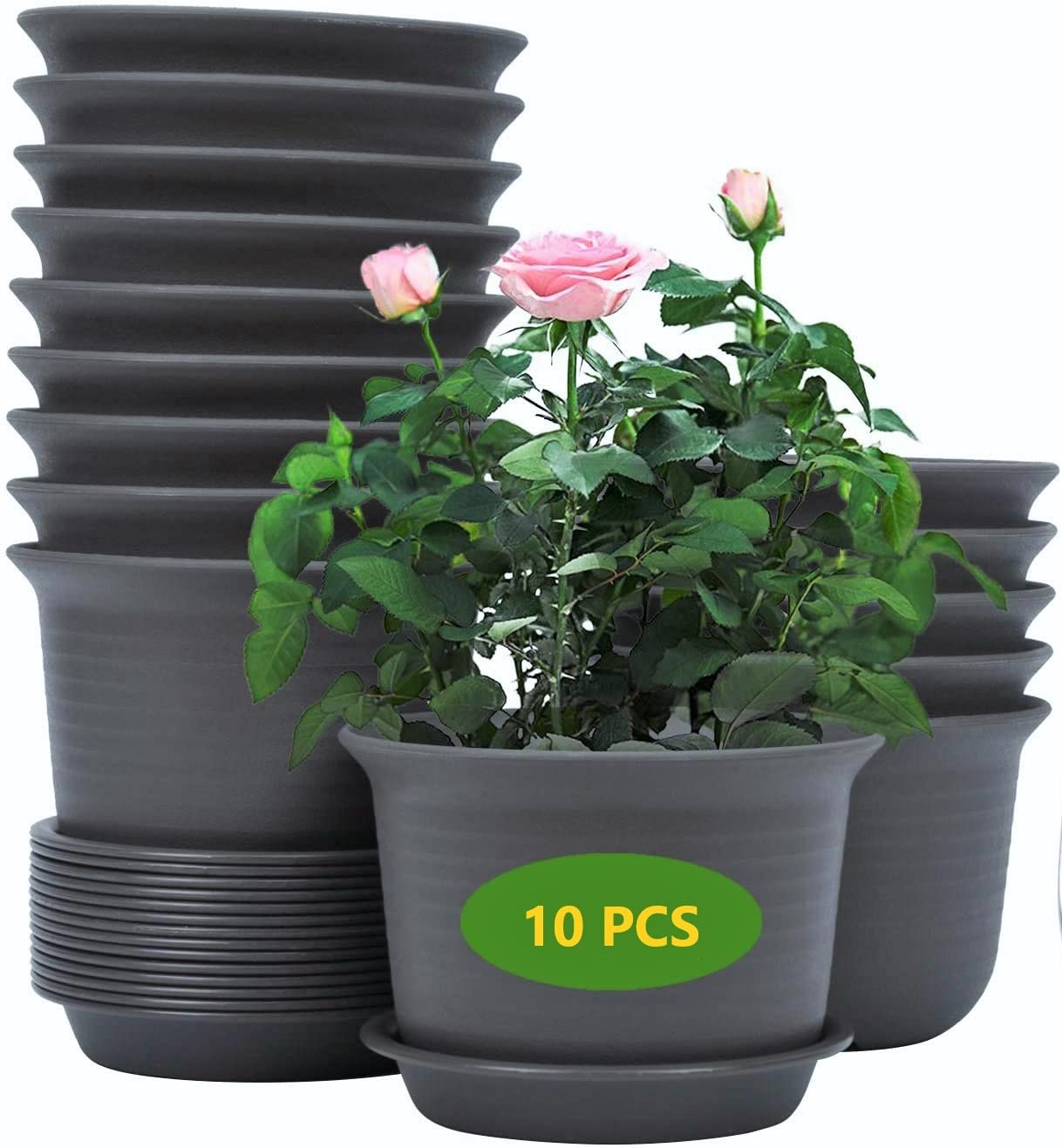 KAHEIGN 10Pcs Plastic Flower Pots, 15cm Thicken Plant Pots Plant Container Indoor Gardening Pot with Drainage Pallet (Black Grey)