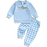 Bagilaanoe Infant Baby Boy Fall Long Sleeve Sweatshirt Pullover and Plaid Pants Outfit Mallard Duck Embroidery Clothes Set