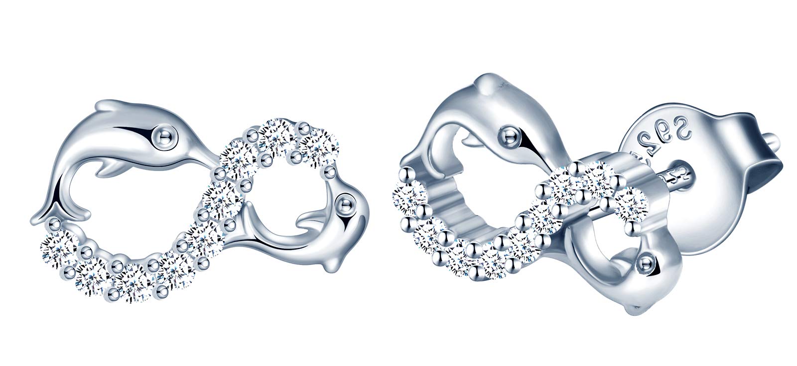 INFINIONLY Women's Earrings Studs, 925 sterling silver Jewellery Sets, Cute dolphin infinity symbol earrings, silver, Inlaid zircon, Christmas and Birthday gift — image 1