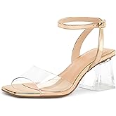 mysoft Women's Clear Heels Low Chunky Heel Open Toe Transparent Zebra Rhinestones Block Heeled Sandals Ankle Strap Shoes