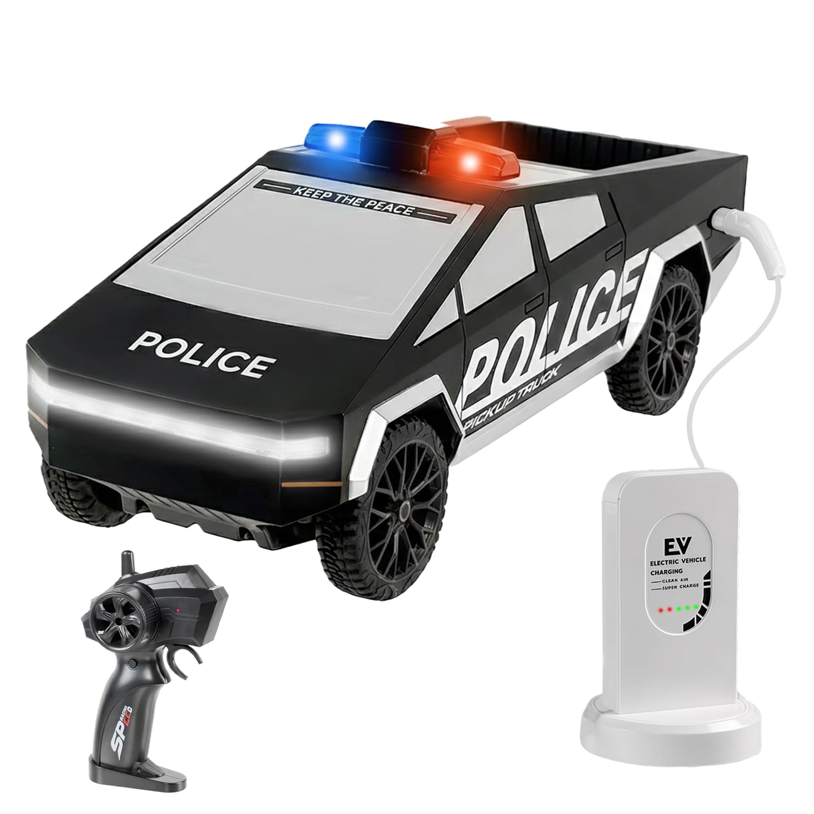 Photo 1 of 1/24 Police Theme RC Pickup Truck, 2.4GHz Remote Control Car with Toy EV Charger, Built-in Rechargeable Battery, LED Lights, Siren Sounds, Load Bed, Upgraded Steering, Gift for Kids, Teens & Adults