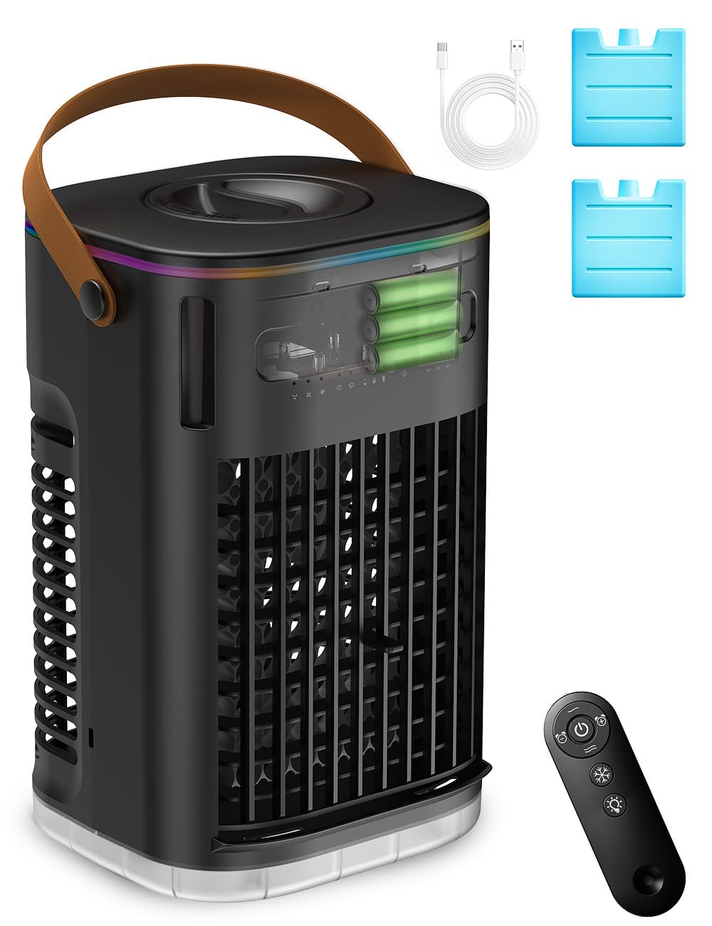 Photo 1 of 3-IN-1 Portable Air Conditioners, 5400mAh Built-In Battery Personal Evaporative Air Cooler with Remote, 2 Ice Packs & 1.2L Water Tank, 7h Timer Mini Air Conditioner for Car Desktop Camping, Midnight