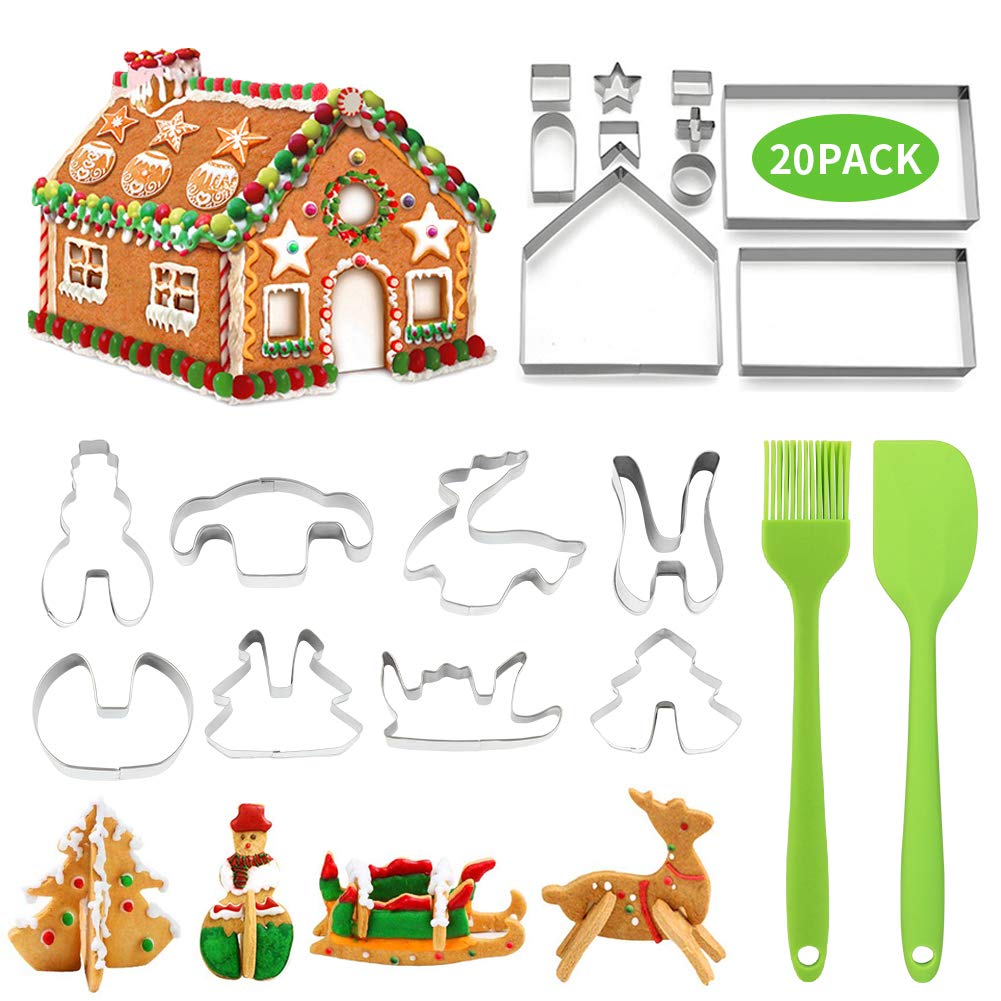 Geila 3D Christmas Cookie Cutters Set, 18/8 PCS DIY Xmas Stainless Steel Biscuit Mold, Gingerbread House Cutters Kit Fondant Cake Decorating Tools (18 PCS)