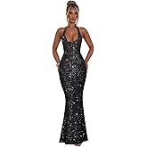 POMUYOO Halter Sequin Prom Dresses for Women Sparkly Corset Mermaid Formal Evening Cocktail Party Gowns Long