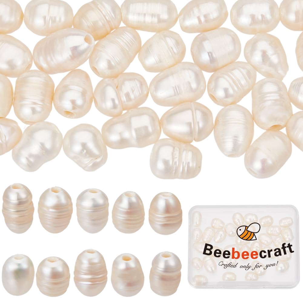 Beebeecraft 1 Box 40Pcs Pearl Beads Natural Cultured Freshwater Large Hole Pearl Beads Oval Connector for Summer Them Earring Bracelet DIY Jewelry Making