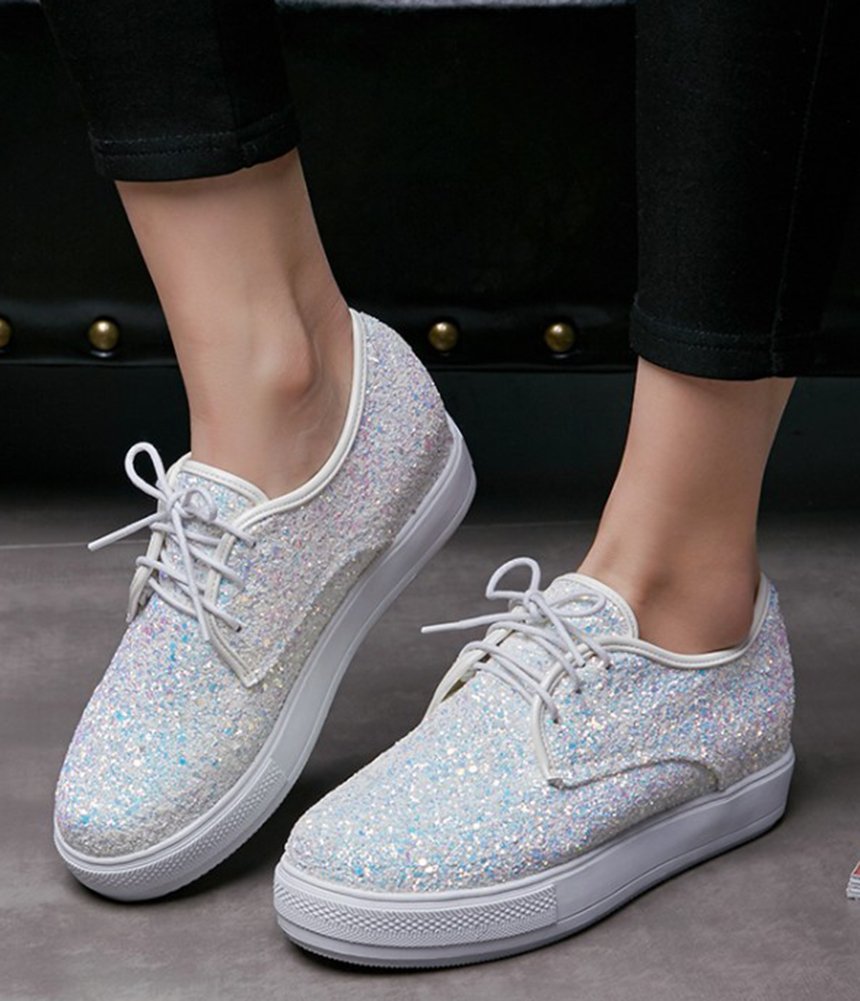IDIFU Women's Glitter Sequined Low Top Lace Up Platform Sneakers Mid Wedge Heels Shoes White 4 B(M) US - Image 4