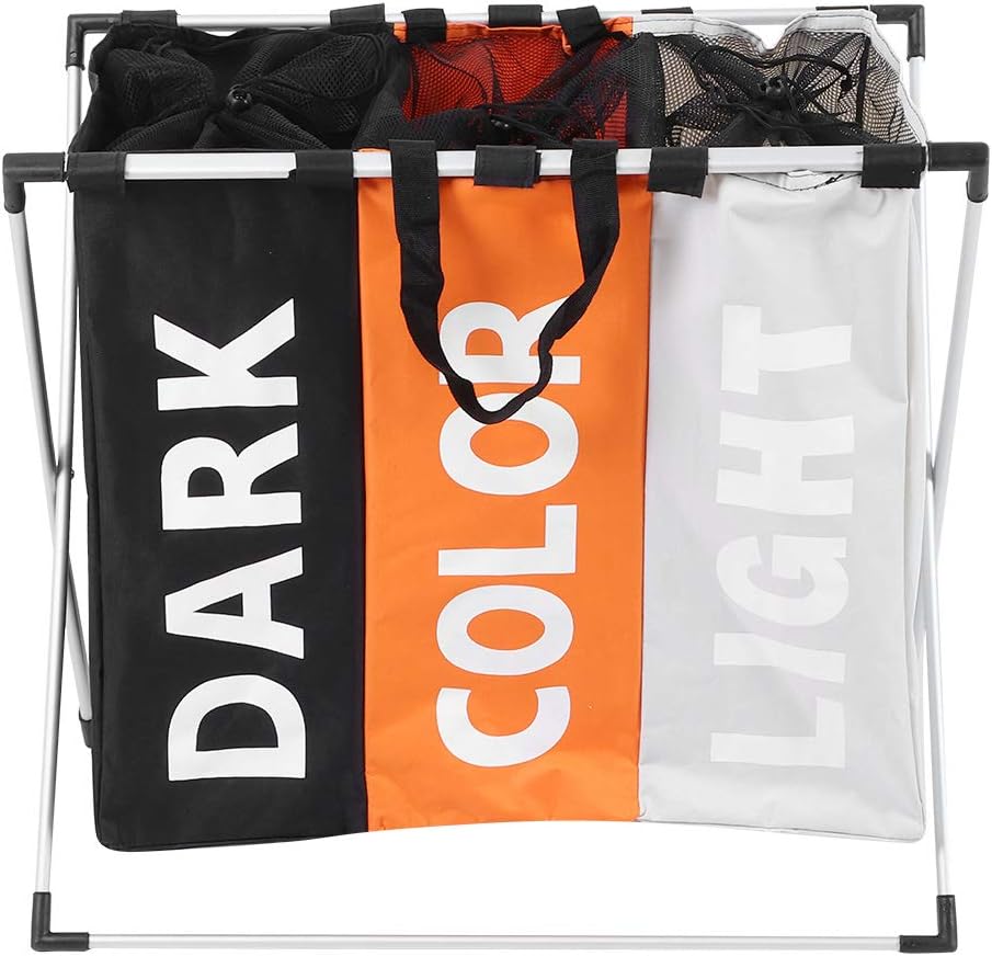 Canasta de lavandería plegable elegante de tres secciones, canasta de