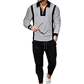 Kubsid Mens Tracksuit Set 2 Piece Long Sleeve Polo Shirt and Pants Jogging Sweatsuits Sets Casual Fashion Vacation Outfits Loungewear Black Grey Color Mixed Size M