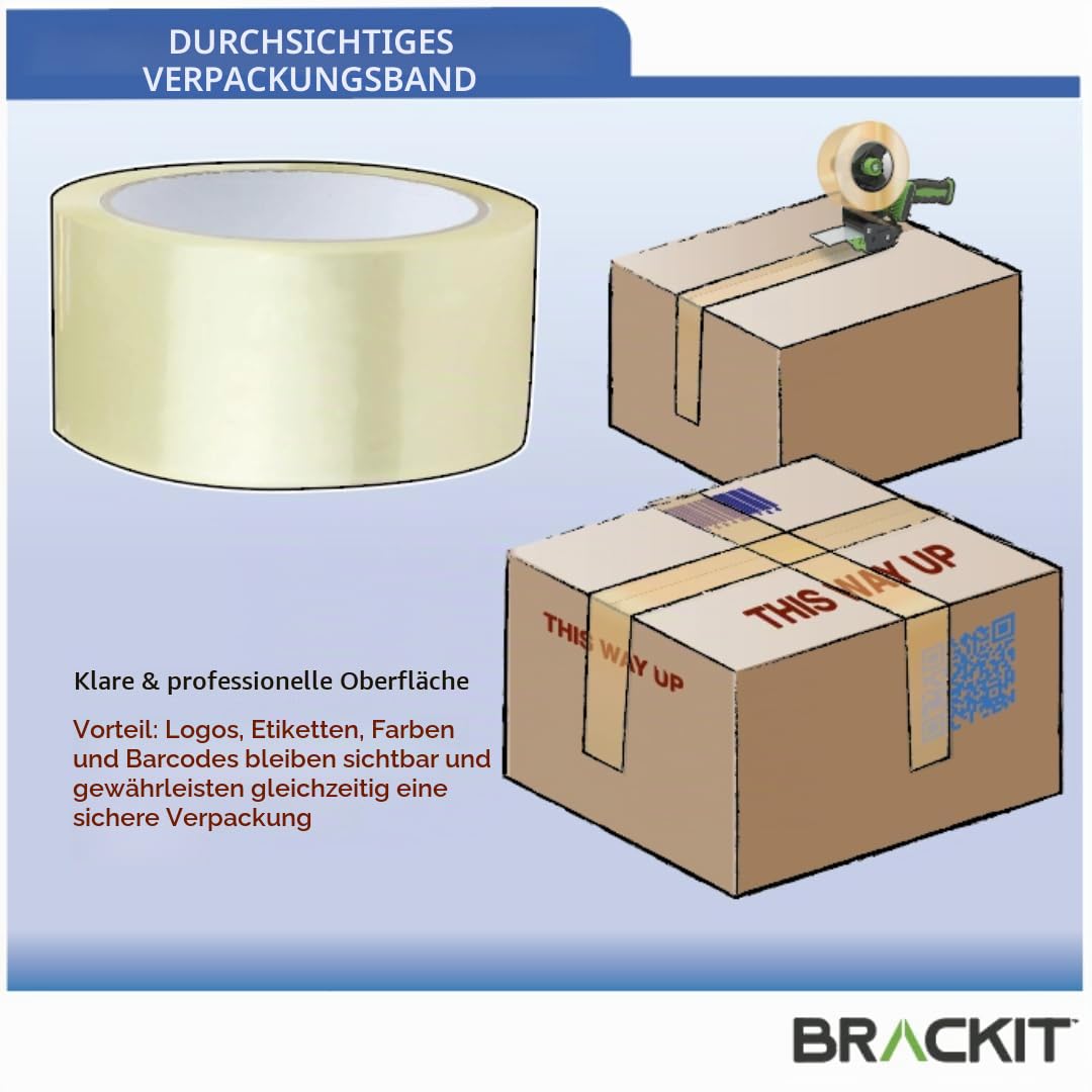 brackit Transparentes Verpackungsband mit Spender, 48 mm x 66 m, Packung mit 6 Rollen – Starkes, strapazierfähiges Packband für regelmäßigen Gebrauch oder Umzug – Versiegelt einfach Ihre Pakete und 2