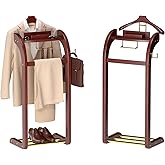 Dkjdssek Suit Valet Stand for Men, Wood Mens Valet Stand with Base, Contour Hanger, Tray, Trouser Bar and Tie Bar, Clothes Va