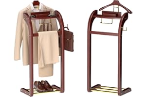 Dkjdssek Suit Valet Stand for Men, Wood Mens Valet Stand with Base, Contour Hanger, Tray, Trouser Bar and Tie Bar, Clothes Valet Stand for Bedroom Entryway Home Living Room Office (Reddish brown)