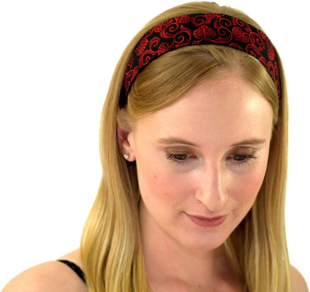 Skinny Headband Delicate Red Leaves Over Black Soft Boho Running Headwrap Womens