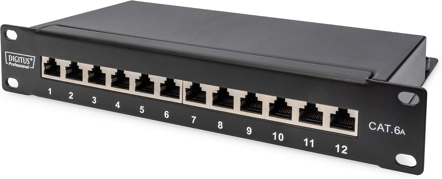 DIGITUS Cat 6A patch panel - 12 ports - RJ45 jacks - 10-inch rack mount 1 rack unit - LSA distribution field - shielded - black
