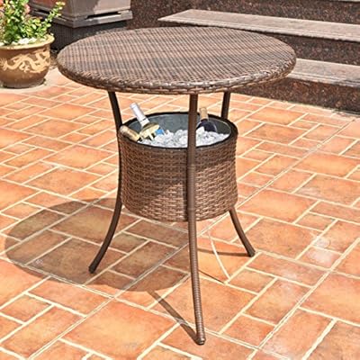 Costway 31.5" 7.9-Gal Cool Bar Rattan Style Outdoor Patio Party Deck Pool Cooler Table With Ice Bucket, Brown
