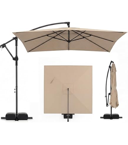 Tangkula 8x8 FT Solar Patio Umbrella with Base Included, Square Offset Cantilever Outdoor Umbrella with 360 Degree Rotation, 32 LED Lights, Crank Handle, 2 Sandbags, 8 Ribs, Air Vent for