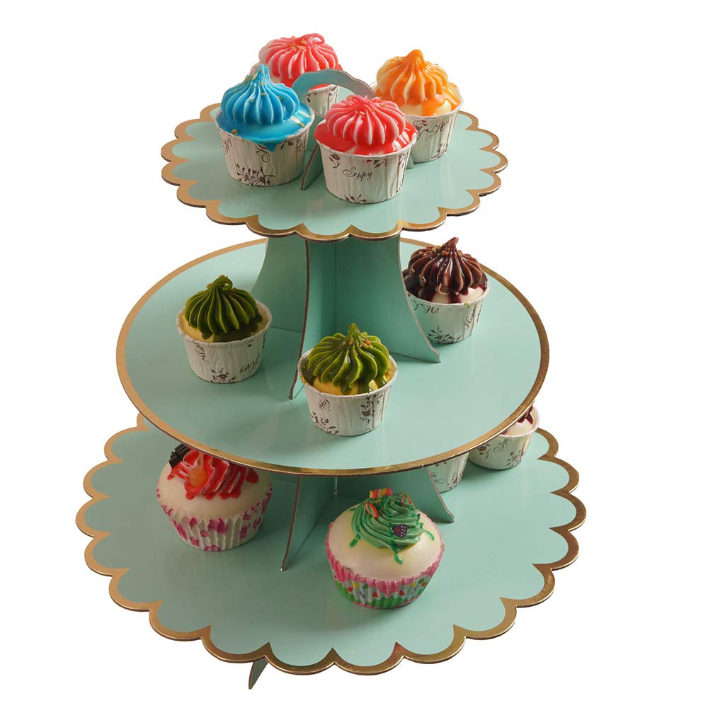 Photo 1 of YLDW 3-Tier Cupcake Stand, Lace Trim Cake Stand holder, Tiered DIY Cupcake Stand Tower for Dessert Table Displays, Birthday Theme Party Favors Decoration, Floral Tea Party, 12"W x 12.8"H, Mint Green