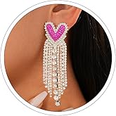 Heart Earrings for Women Dangling Hot Pink Red Heart Valentines Earrings Silver Rhinestone Hearts Earring Long Tassel Bling Elegant Sparkly Love Hearts Earring Holiday Valentines Day Outfit Accessories for Women