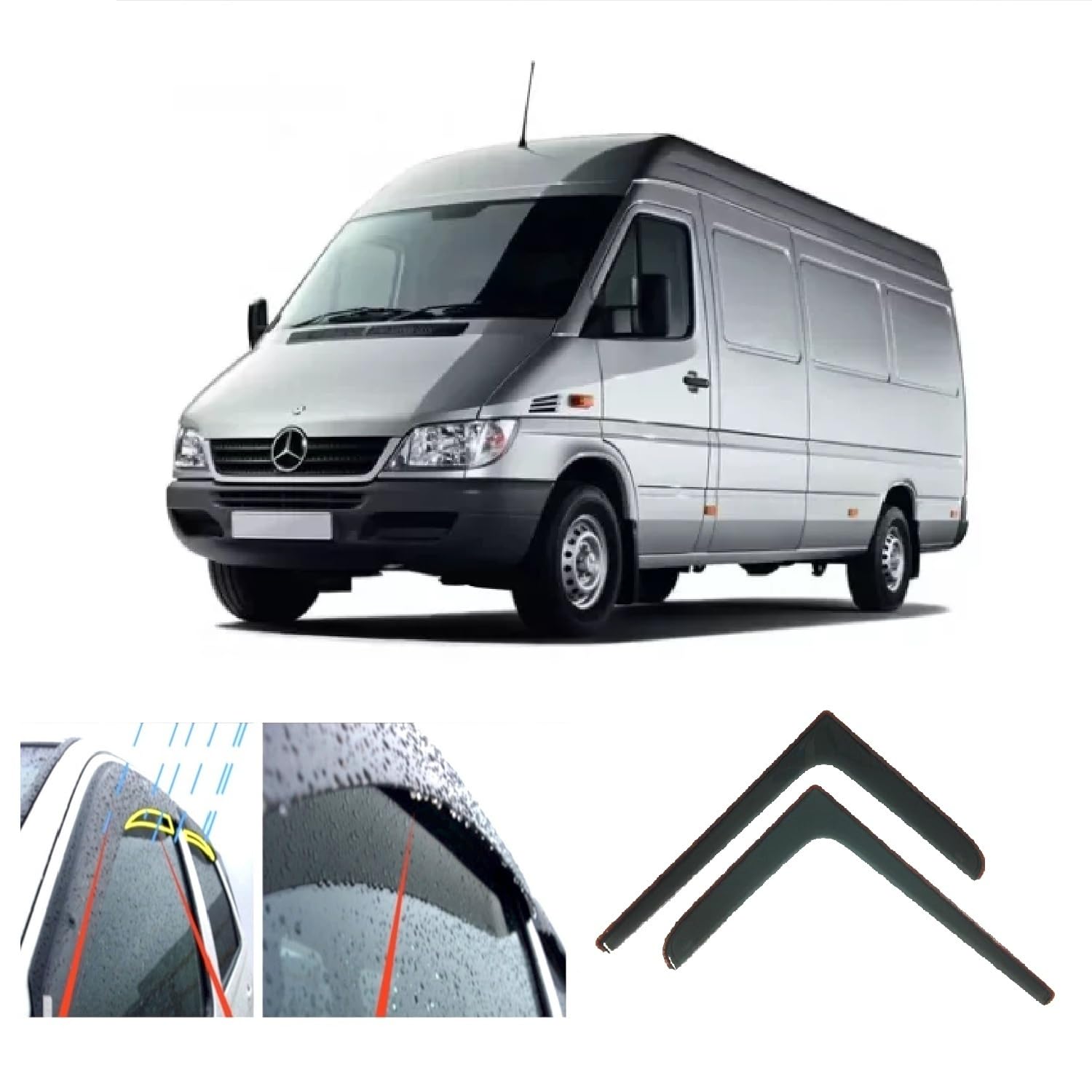 AC WOW 2x Wind Deflectors Compatible with MERCEDES BENZ Sprinter (Mk1) V W LT (Mk2) 1996-2006 Smoke Tinted Acrylic Glass Door Side Windows In-Channel Visors Rain Snow Sun Guards
