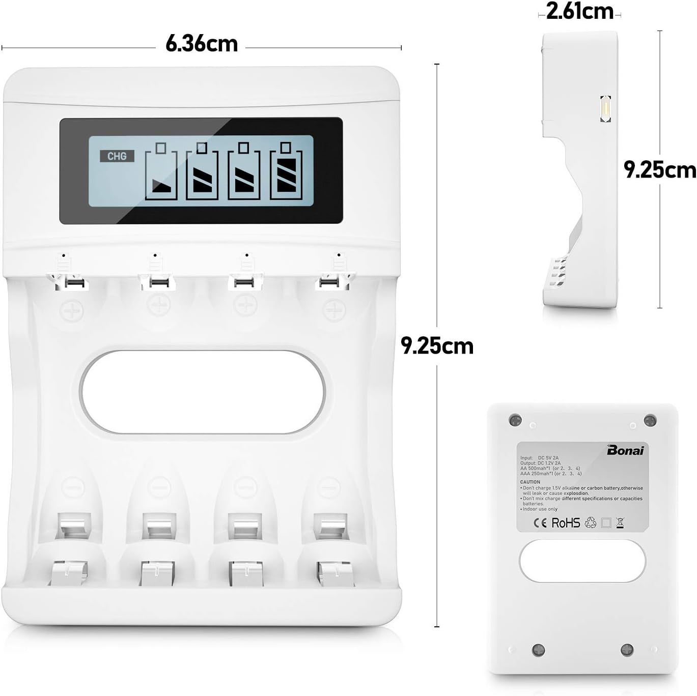 BONAI 4 Bays AA AAA Ni-MH Ni-CD Battery Charger, LCD Display Smart Charger With Unique USB Design(Micro USB Cable Included) - Image 4