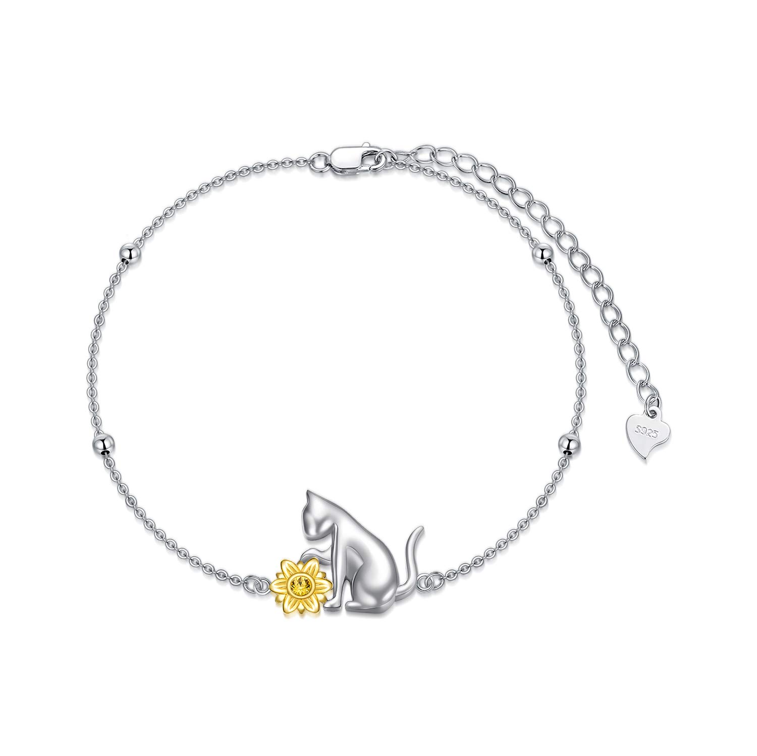 AOBOCO Cat Bracelet 925 Sterling Silver Sunflower Cat Kitty Bracelet with Crystal Birthday Jewellery Gifts for Cats Lover Women
