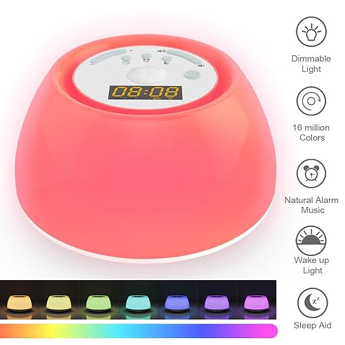 Wake Up Light Wake Up Lights Sunrise Simulation with Color Light Mode for 120 Hours, Sleep Assist Light Function ， 4 Natural Alarm Sound ， 3 Lighting Modes & 7 Colors