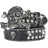 Zentavi Rhinestone Skull Genuine Leather Belt, Punk Y2K Style, Unisex