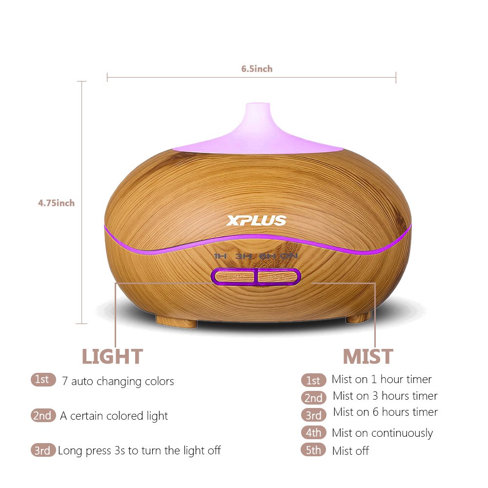 XPLUS 300ml Aroma Essential Oil Diffuser, Wave Design Wood Grain Ultrasonic Cool Mist Humidifier for Office Home Bedroom Living Room Study Yoga Spa Black (Wood)