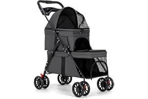 BUALR Double Dog Stroller for Medium Small Dogs and Cats Load-Bearing Up to 50lbs, Durable 360° Universal Wheels Lightweight One Hand Foldale Kittens Puppies Travel Stroller Cart(Double)