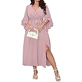 Womens Plus Size Dress Wedding Guest Cocktail Ruffle Half Sleeve Wrap V Neck Slit A Line Maxi Dresses with Belt