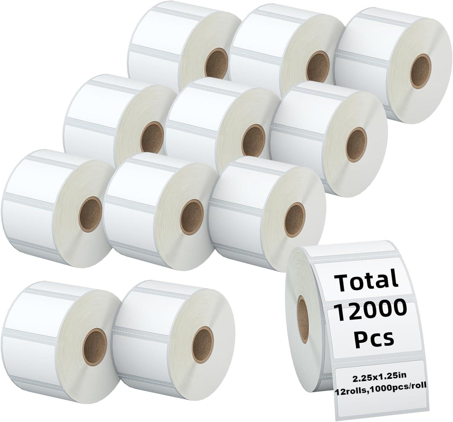 Photo 1 of KingTac(12,000 Labels,12 Rolls) 2.25" X 1.25” Direct Thermal Labels - 12 Rolls,1000/Roll,12,000 Pcs- Perforated Stickers for Barcode Address, Compatible with Zebra & Rollo & MUNBYN Desktop Printer