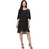 S.L. Fashions Womens Tiered Chiffon Cocktail Party Dress with Attached Cape & Beaded Shoulders (Petite and Regular Sizes)