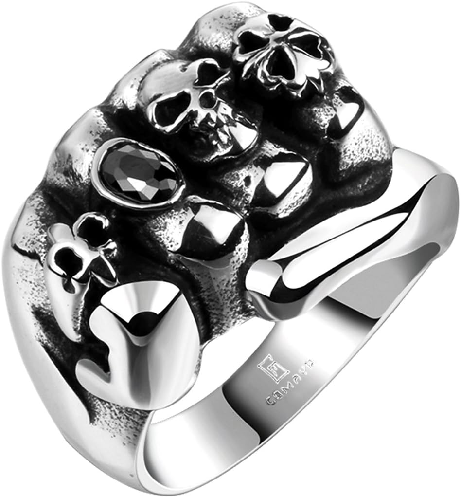 Solid stainless steel skull fist ring biker mens ring antique silver size U 1/2