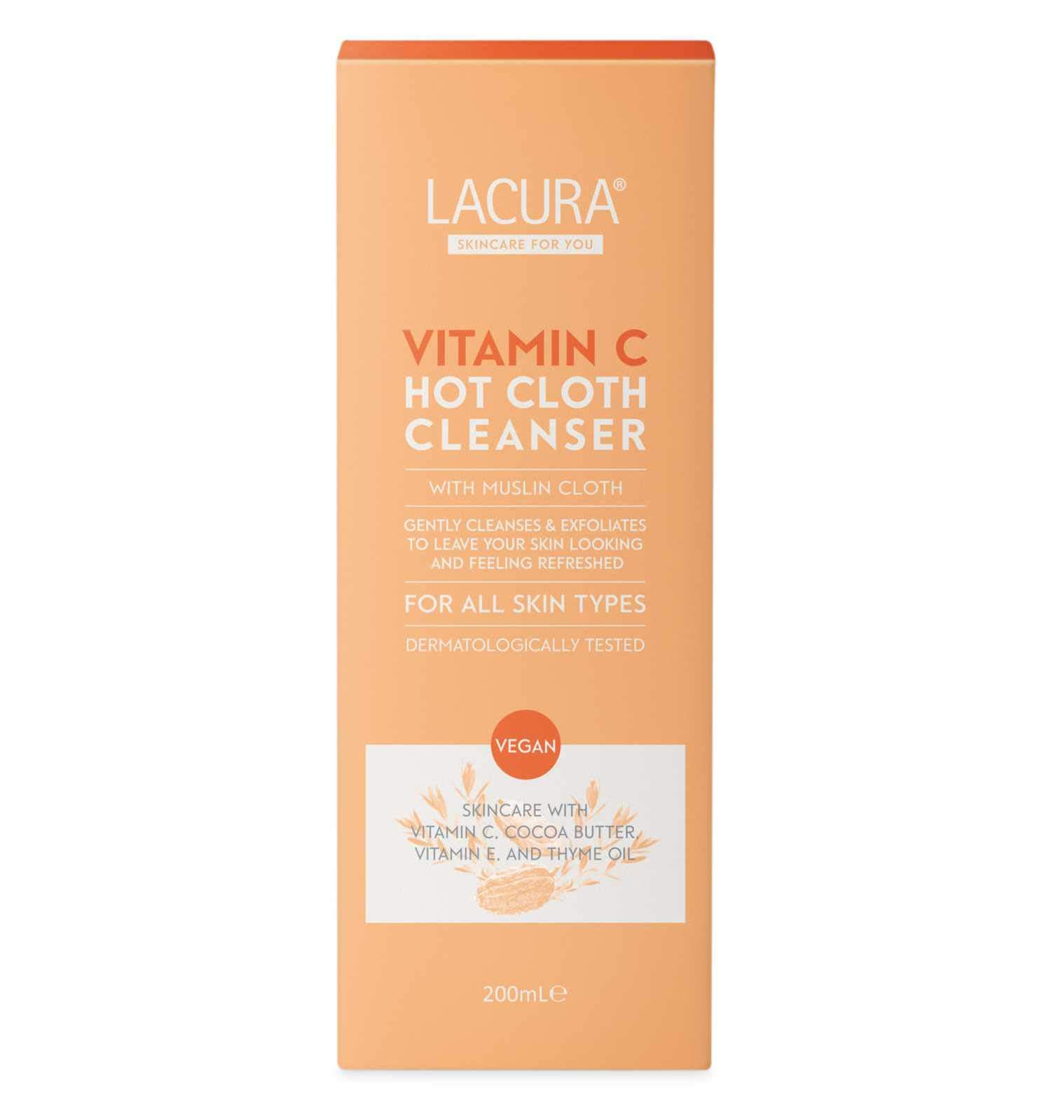 Lacura Vitamin C Hot Cloth Cleanser with Muslin Cloth 200ml | Removes Make Up | Gently Cleanses & Exfoliates | All Skin Types | For Sensitive Skin | Vegan Skincare