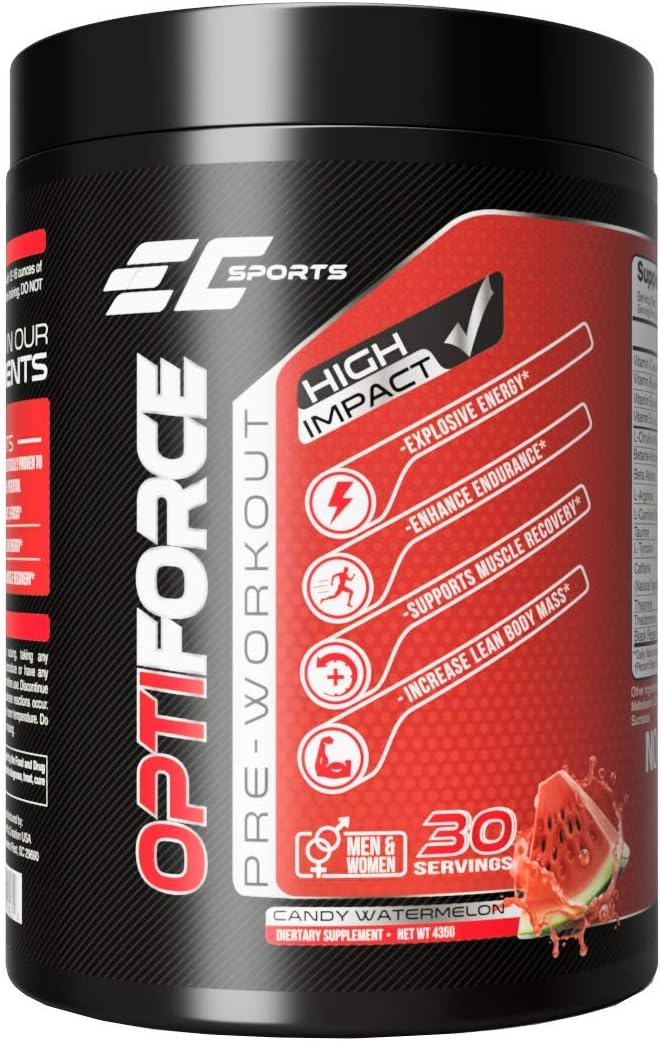 EC Sports, OptiForce Pre-Workout, Clean Energy, 6G Citrulline Mallate, 2G Beta Alanine, 2G Betaine Anhydrous, Natural Caffeine, Candy Watermelon, 30 Servings, 15.34oz: Health & Personal Care