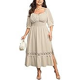 SHESTARR Womens Plus Size Maxi Dress Short Sleeve Square Neck Tie Front Smocked Empire Waist A Line Flowy Lace Trim Side Slit