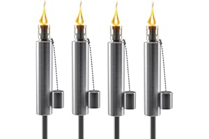 Matney Stainless Steel Outdoor Torches - Decorative Garden & Yard Lights - 5 ft Oil Lamp for Citronella - Fiberglass Wick & Snuffer Cap - Set of 4 (Barrel)