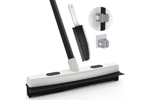 Sunally Rubber Broom Pet Hair Remover, Fur Remover Broom with Squeegee for Fluff Carpet, Hardwood Floor, Tile, Window, Black White, Includes Portable Lint Remover Brush