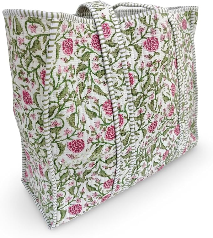 Makarisa Handmade Cotton Tiger Block Print Tote Bag - Indian Artisanal Floral Shoulder Shopping Bag