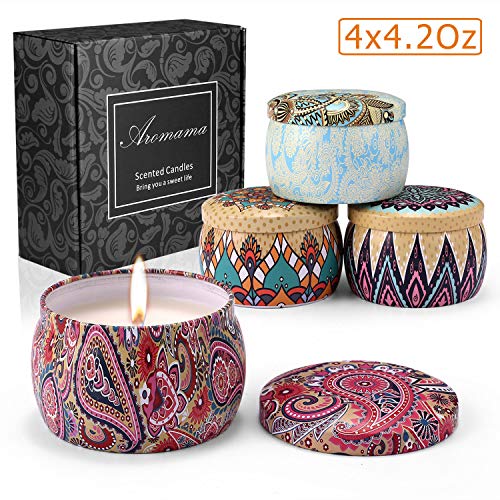 Aromama Scented Candles, Natural Soy Wax Portable Travel Tin Aromatherapy Candle Gift Set, Jasmine, Lotus, Lilac, Gardenia, 4 x 4.2 Oz Pack of 4