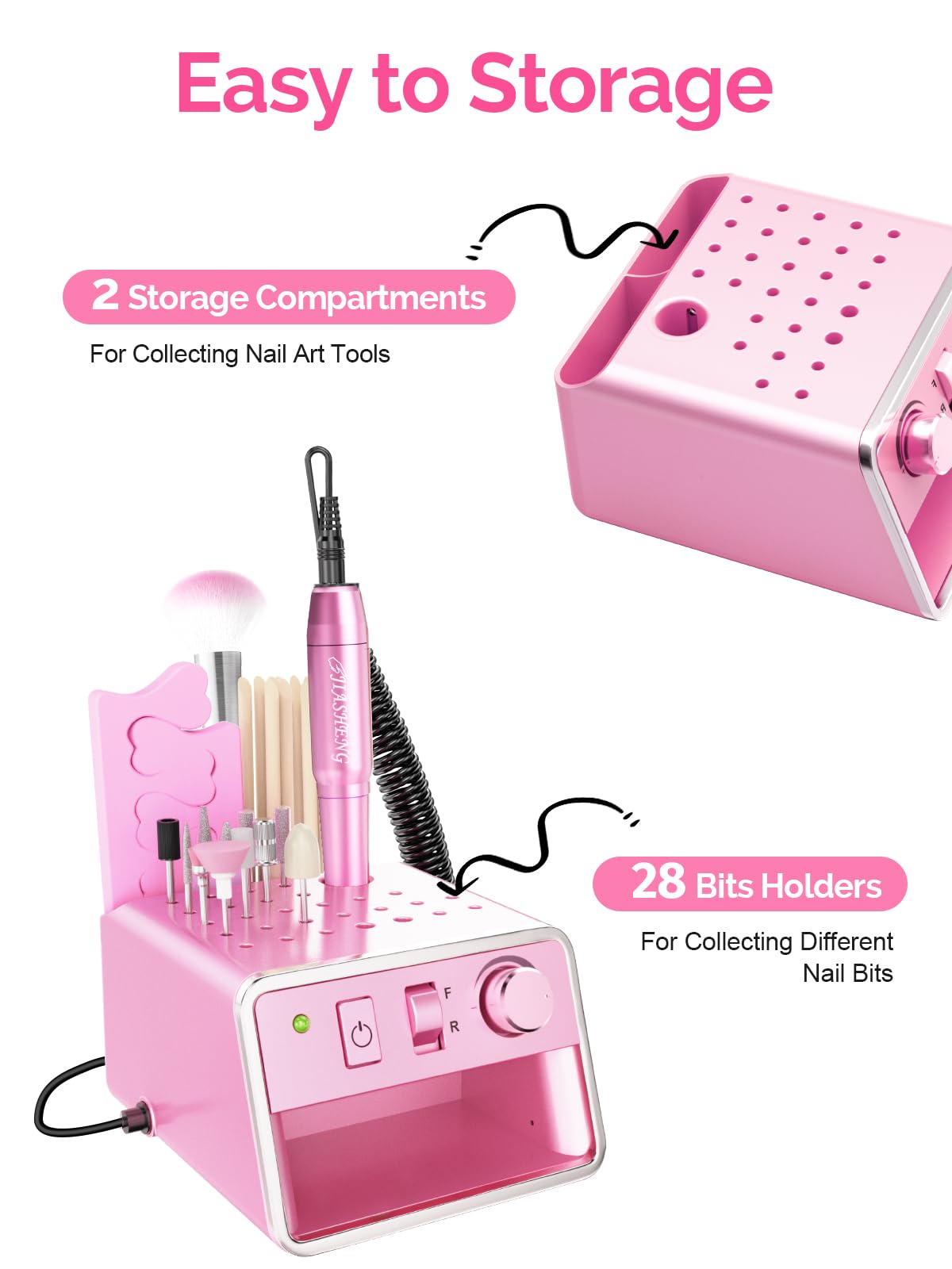 Professional Electric Nail Drill Portable Nail File for Acrylic Gel Nails, 20000RPM Professional Nail Drill Machine for Nail Polish Remover with the Function of Storing Manicure Accessories, Purple - Image 5