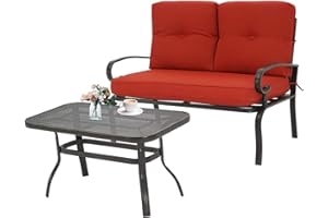 Crownland Outdoor Furniture 2- Piece Love Seat with Bistro Coffee Table Set Furniture Bench with Cushion, for Lawn Front Porch Garden Yard or Poolside, Red