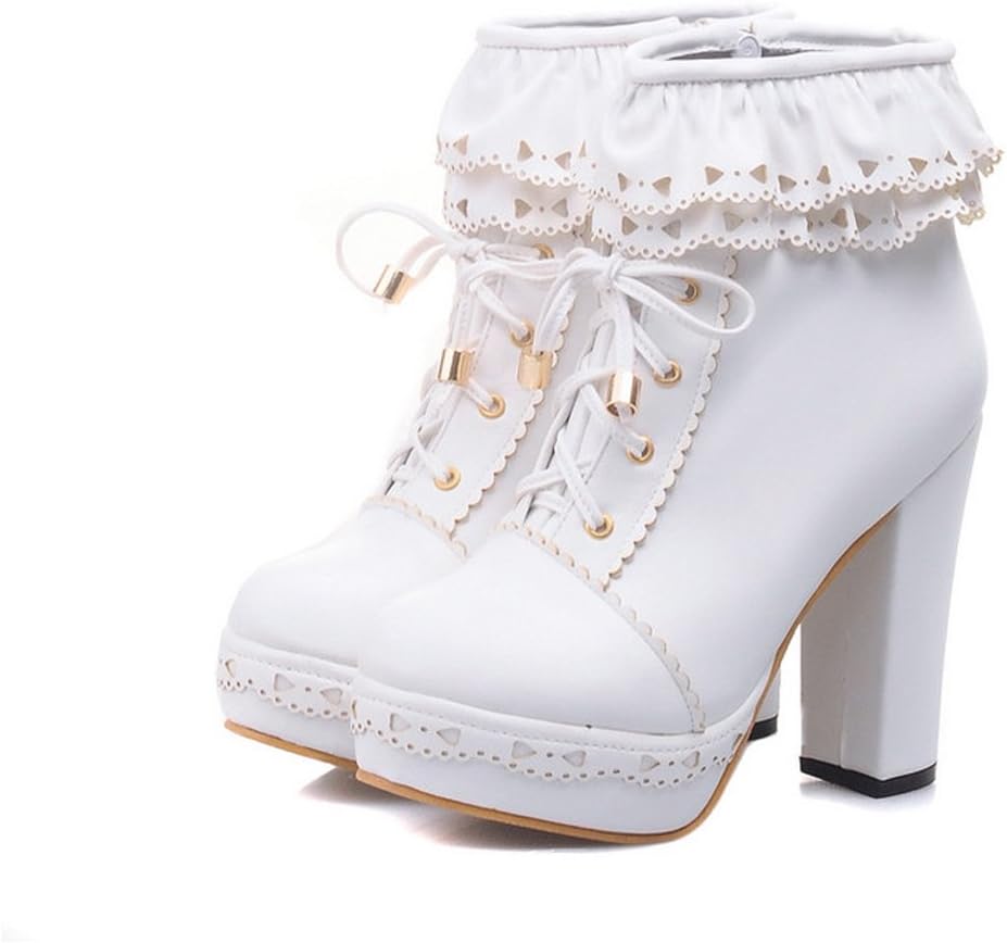 Women's Lace Up Platform High Heel Ankle Boots Sweet Lolita Shoes PU Leather Ruffle Booties