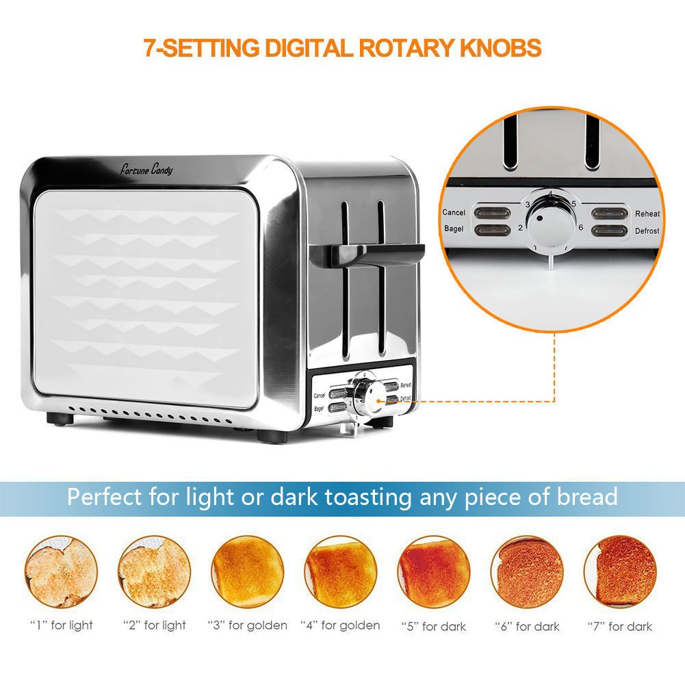 Toaster,Fortune Candy White Toaster 2 Slice,Stainless Steel Toaster with Extra Wide Slots,Removable Crumb Tray,High Lift Lever,Bagel Defrost Reheat Cancel Function,7 Setting Shade Selectors