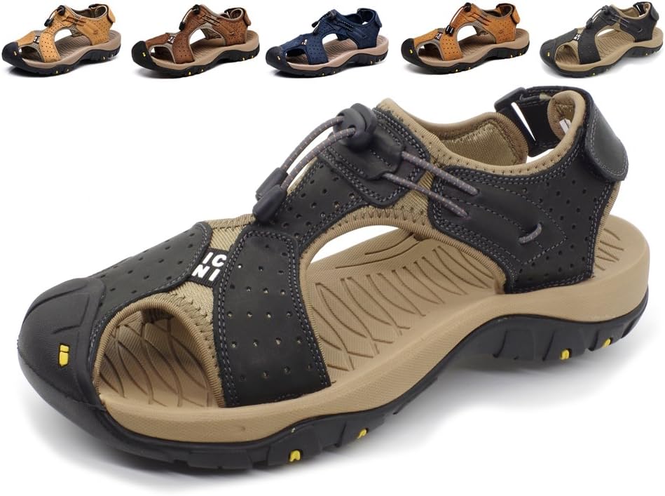 Asifn Sports Outdoor Sandals Summer Men's Beach Shoes Leather Casual Breathable Non-Slip Hiking Walking Athletic