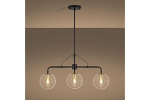 CNRATYE 3-Light Modern Kitchen Island Lighting, Black and Gold Dining Room Chandeliers Over Table Hanging, Industrial Linear Chandelier with Clear Globe Glass Shades
