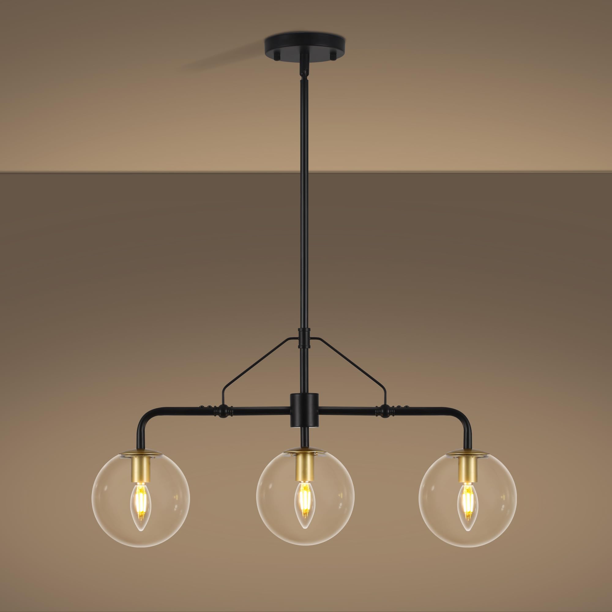 Photo 1 of CNRATYE 3-Light Modern Kitchen Island Lighting, Black and Gold Dining Room Chandeliers Over Table Hanging, Industrial Linear Chandelier with Clear Globe Glass Shades