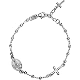 MY BIBLE Rhodium Plated 925 Sterling Silver Oval Miraculous and Cross Station 7 Inch Beaded Bracelet for Women
