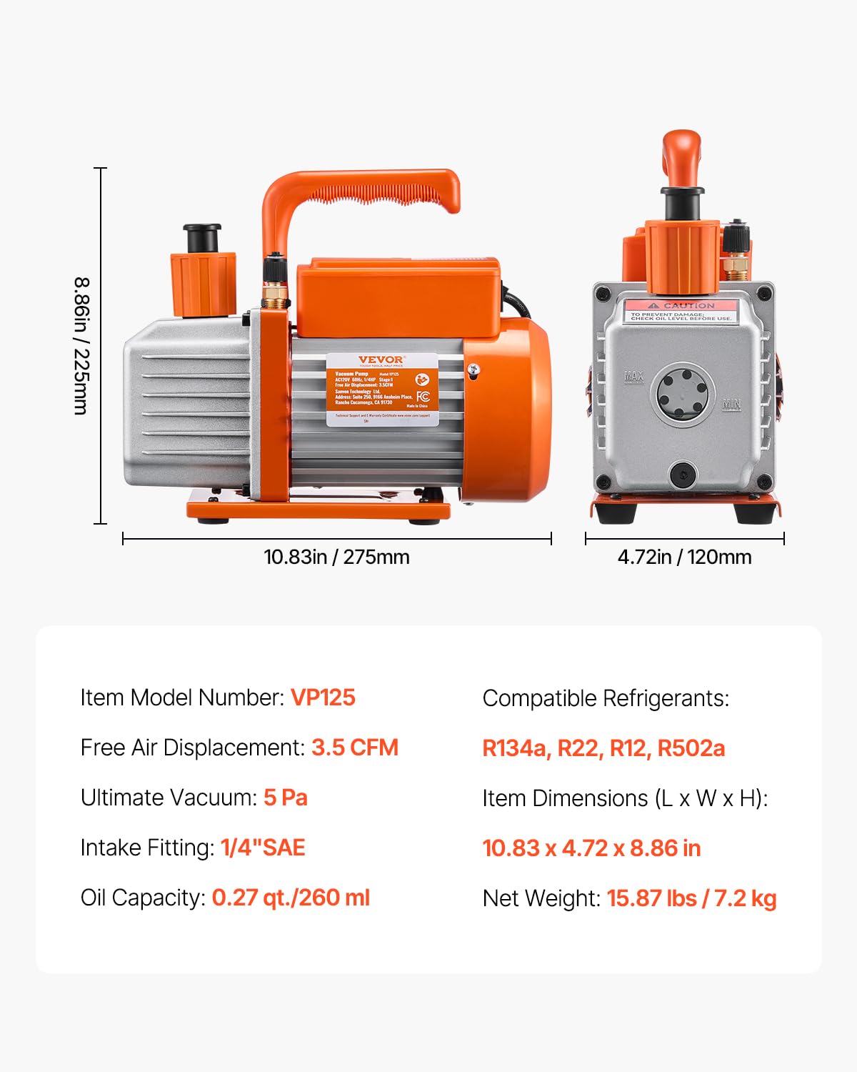 VEVOR 3,5 CFM AC-Vakuumpumpe und Manometer-Set, einstufige Drehschieber-HVAC-Luftvakuumpumpe, A/C-Kältemittelverteiler-Manometer-Kit, mit Schläuchen, Klimaanlagenkühlung für R134a, R12, R22, R502a 7