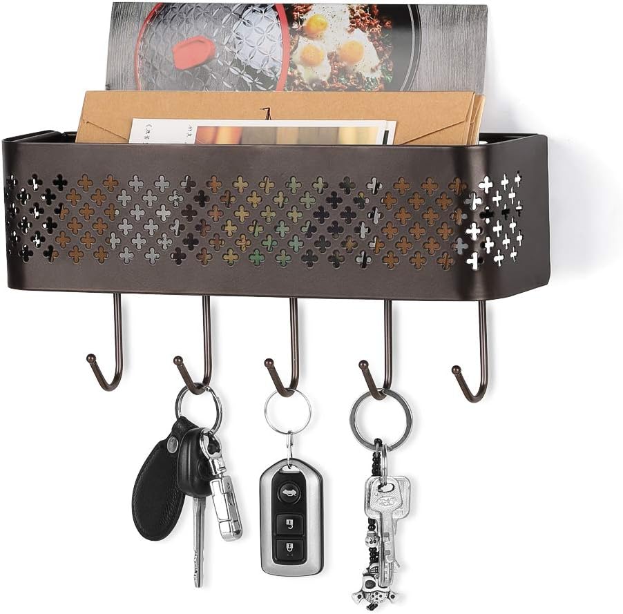 Wall Mount Wire Letter & Key Baskets Rack Organizer with 5 Key Hooks - Hanging Entry Bill Mail Holder - Brown-1 pcs